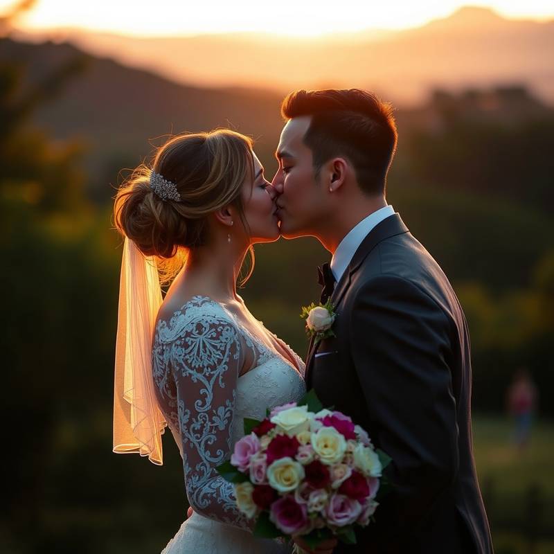 Couple marié s'embrassant lors de leur mariage