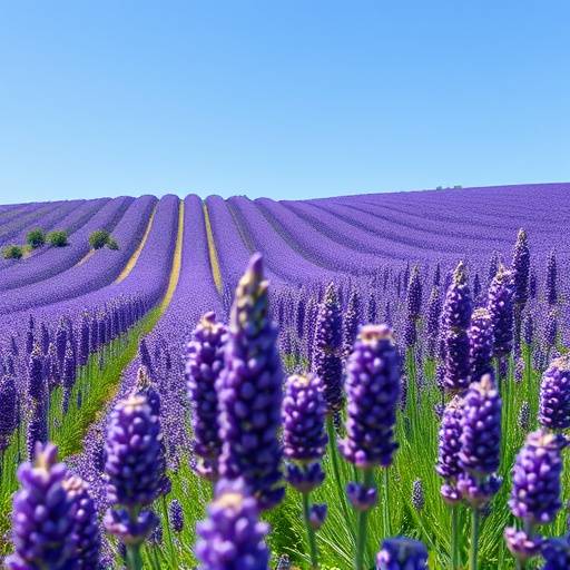 Immense champ de lavande en fleur au Plateau de Valensole, avec le ciel bleu en arrière-plan
