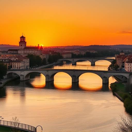 Vue panoramique du Pont d'Avignon et du Rhône au coucher du soleil